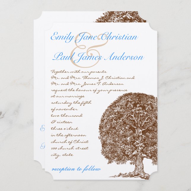 Brown Tree Aqua Blue Font Wedding Invitation (Front/Back)