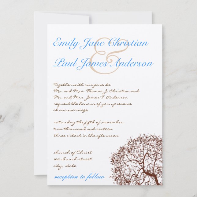 Brown Tree Aqua Blue Font Wedding Invitation (Front)