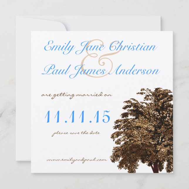 Brown Tree Aqua Blue Font Wedding Save the Date Invitation (Front)