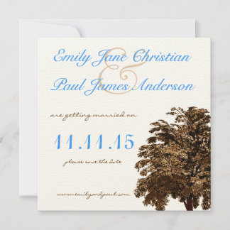 Brown Tree Aqua Blue Font Wedding Save the Date Invitation
