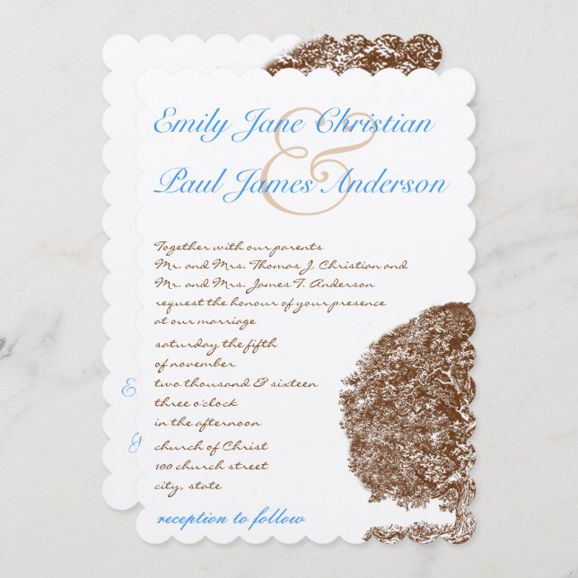 Brown Tree Aqua Blue Forest Wedding Invitation (Front/Back)
