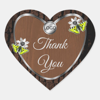 Brown Tree Bark Silver Frame Cute Thank You Logo Heart Sticker