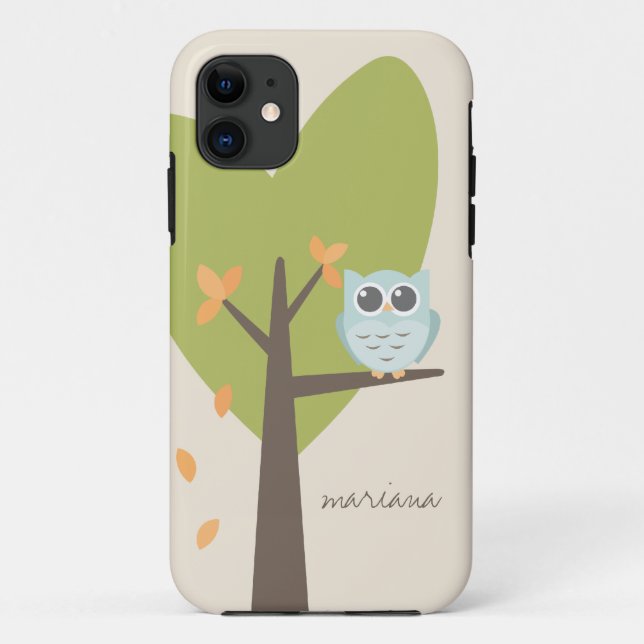 Brown Tree Branch Leaves Custom Name Blue Owl Case-Mate iPhone Case (Back)