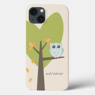 Brown Tree Branch Leaves Custom Name Blue Owl iPhone 13 Case