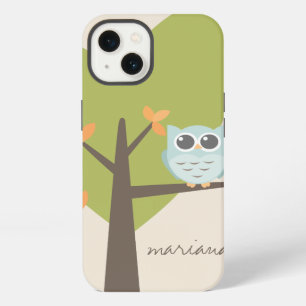 Brown Tree Branch Leaves Custom Name Blue Owl iPhone 13 Case