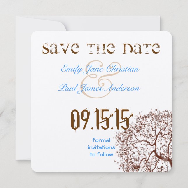 Brown Tree Bright Blue Font Save the Date (Front)