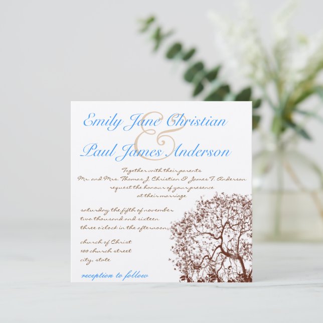 Brown Tree Bright Blue Font Wedding Invitation (Standing Front)
