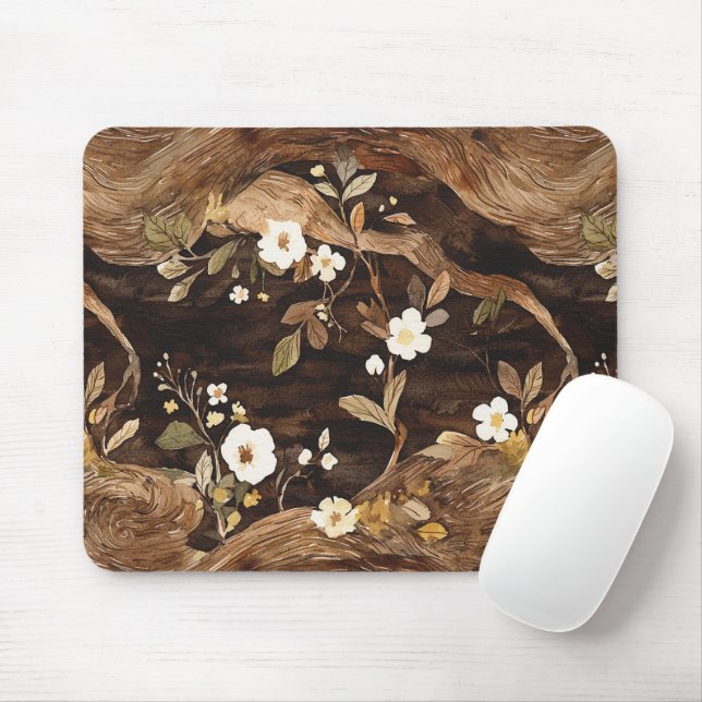 Brown Tree Floral Mouse Mat (With Mouse)