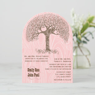 Brown Tree Love Bird Pink Woodgrain Wedding Invitation