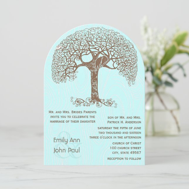 Brown Tree Love Bird Woodgrain Turquoise Wedding Invitation (Standing Front)