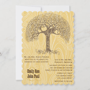 Brown Tree Love Bird Yellow Woodgrain Wedding Invitation