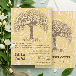 Brown Tree Love Bird Yellow Woodgrain Wedding Invitation