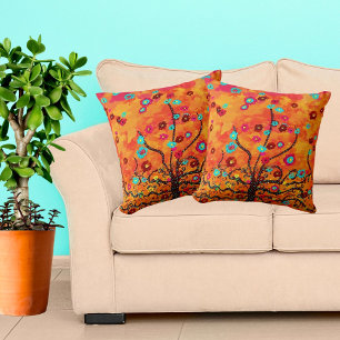 Brown Tree of Life W/ Flowers & Orange Colour Boho Cushion