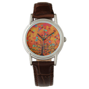 Brown Tree Of Life W/ Flowers & Orange Colour Boho Watch