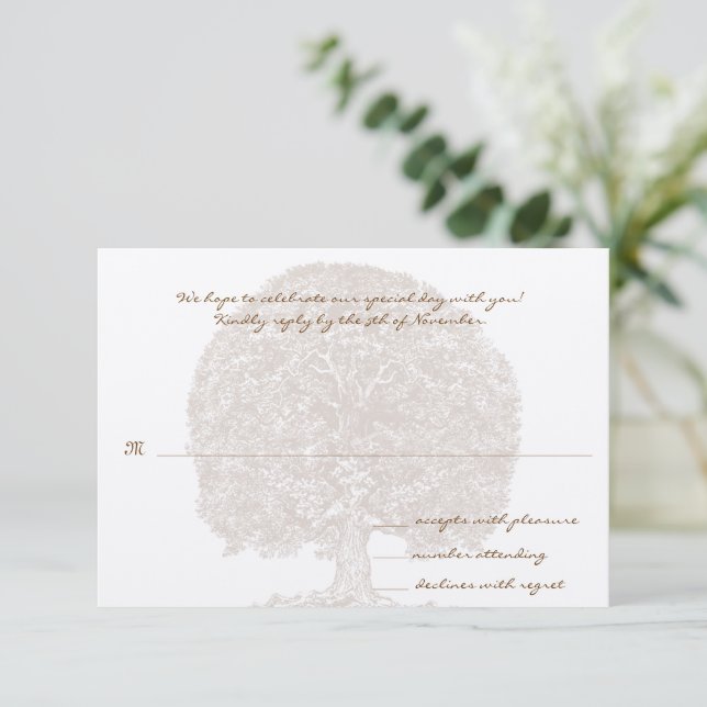 Brown Tree Wedding Monogram Response Card (Standing Front)