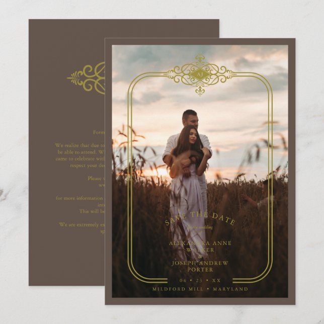 Brown Trendy Lace Flourish Initials Wedding Photo Save The Date (Front/Back)