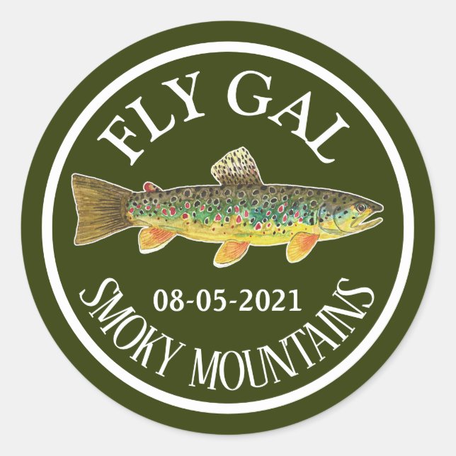 Brown Trout Fly Fishing FLY GAL Custom Angler's Classic Round Sticker (Front)