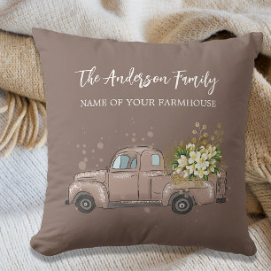 Brown truck flowers farmhouse family name cushion