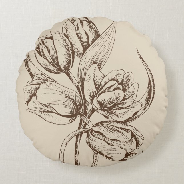 Brown Tulips Custom Beige Background Round Cushion (Front)