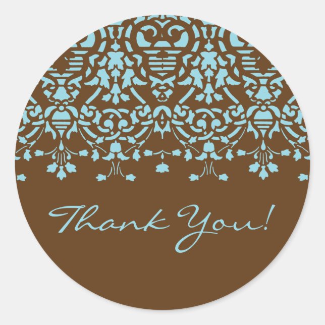 Brown & Turquoise Blue Damask Thank You Sticker (Front)