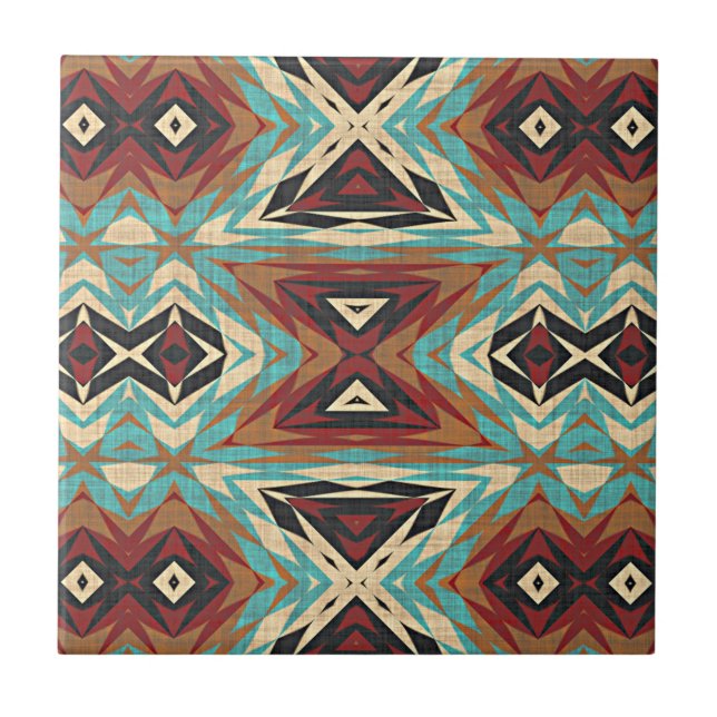Brown Turquoise Blue Green Orange Ethnic Tribe Art Tile (Front)