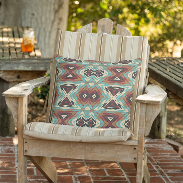Brown Turquoise Blue Green Orange Tribal Art Cushion (Chair)