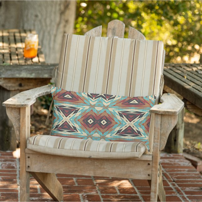 Brown Turquoise Blue Green Orange Tribal Art Lumbar Cushion (Chair)