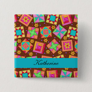 Brown Turquoise Blue Patchwork Quilt Name Badge
