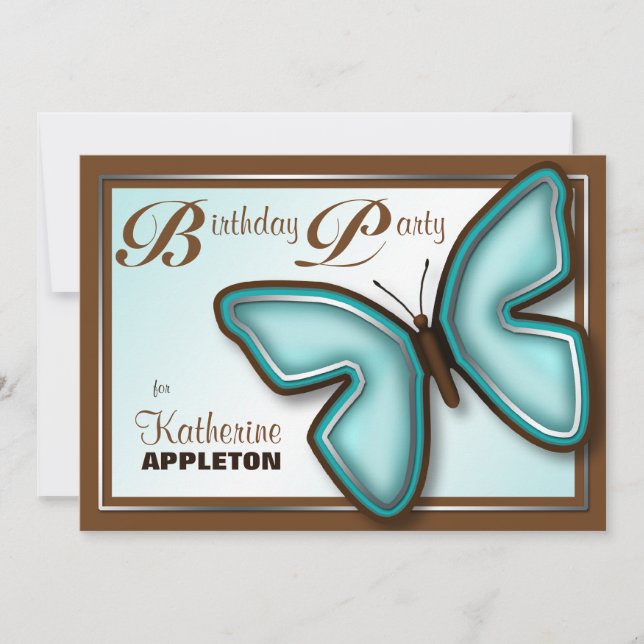 Brown Turquoise Butterfly Birthday Party Invites (Front)