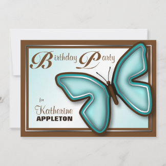 Brown Turquoise Butterfly Birthday Party Invites