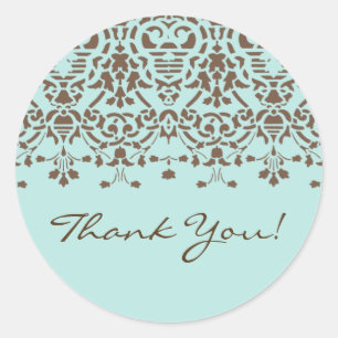 Brown & Turquoise Damask Thank You Sticker