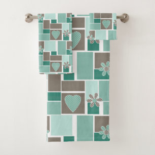 Brown turquoise patchwork of square patches bath towel set