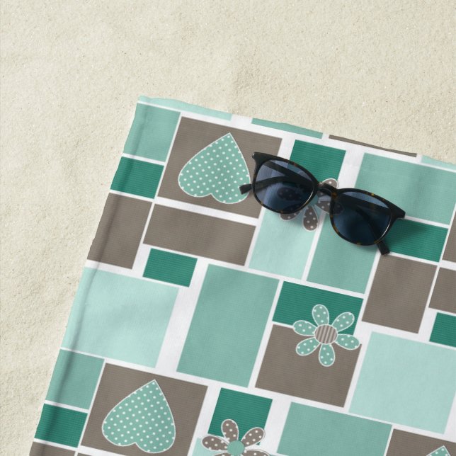 Brown turquoise patchwork of square patches  beach towel (In Situ)