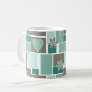 Brown turquoise patchwork of square patches  coffee mug