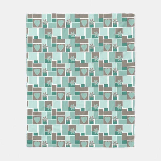 Brown turquoise patchwork of square patches  fleece blanket (Front)