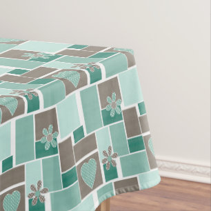 Brown turquoise patchwork of square patches  tablecloth