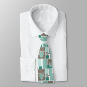 Brown turquoise patchwork of square patches tie