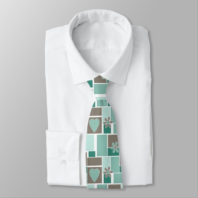 Brown turquoise patchwork of square patches  tie (Tied)