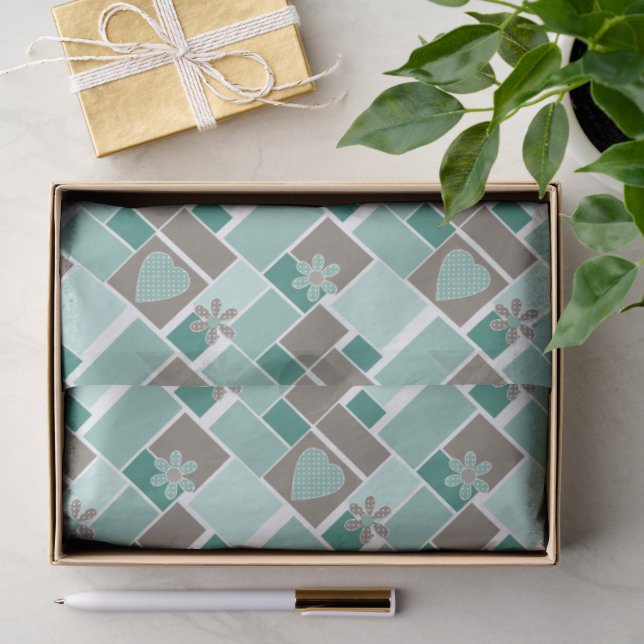 Brown turquoise patchwork of square patches  tissue paper (Gift)