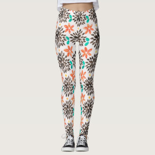 Brown & Turquoise Watercolor Flower Pattern Leggings