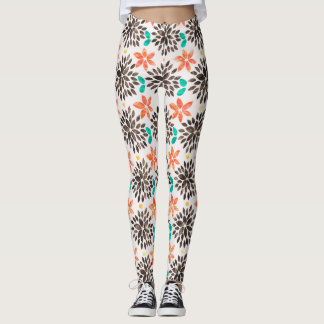 Brown & Turquoise Watercolor Flower Pattern Leggings