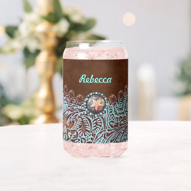 brown turquoise western country cowgirl bridesmaid can glass (Insitu (Wedding))