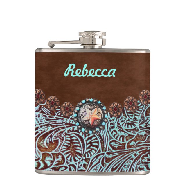 brown turquoise western country cowgirl bridesmaid hip flask (Front)