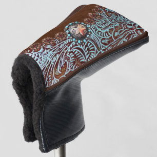 brown turquoise western country leather pattern golf head cover