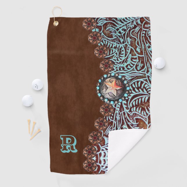 brown turquoise western country pattern monogram golf towel (InSitu)