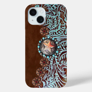 brown turquoise western country tooled leather iPhone 15 case