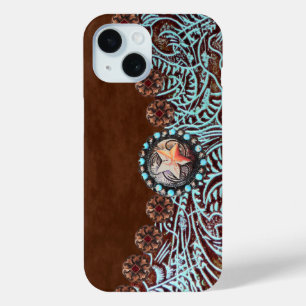 brown turquoise western country tooled leather iPhone 15 case