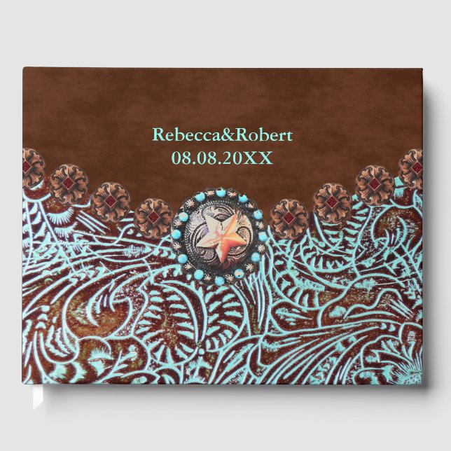 brown turquoise western country tooled leather guest book (Front)