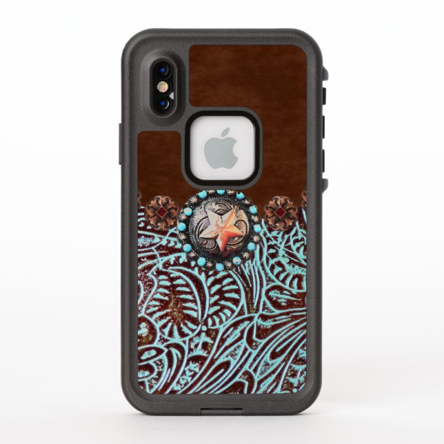 brown turquoise western country tooled leather LifeProof iPhone case (Back)