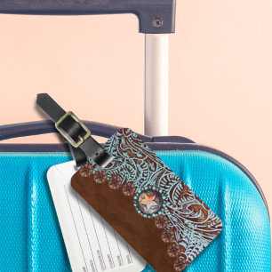 brown turquoise western country tooled leather luggage tag